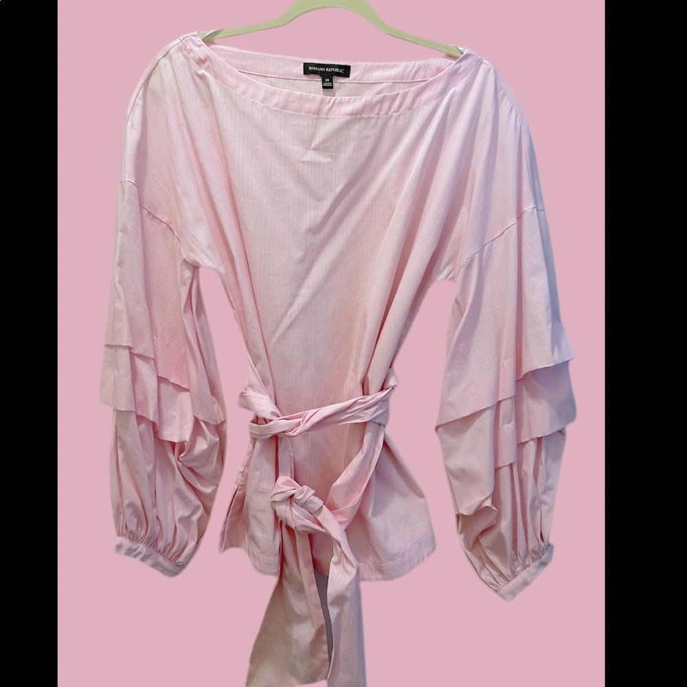 Banana Republic dressy pink blouse with layered puff sleeves and wrap waist